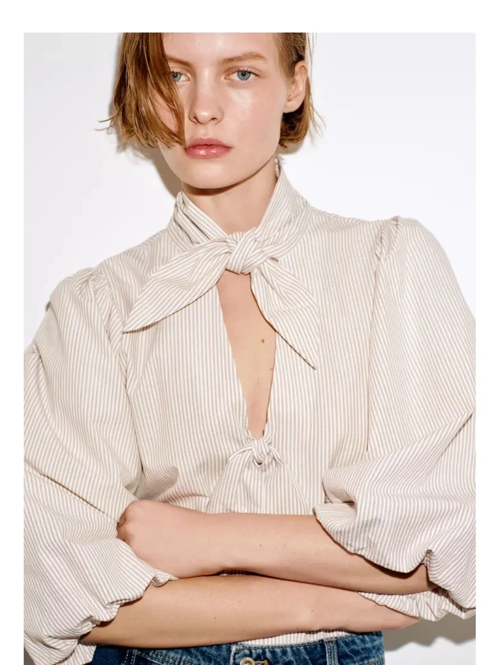 Zara NWT Striped Tie Neck Puff Sleeve Blouse Top XS Beige Cream
